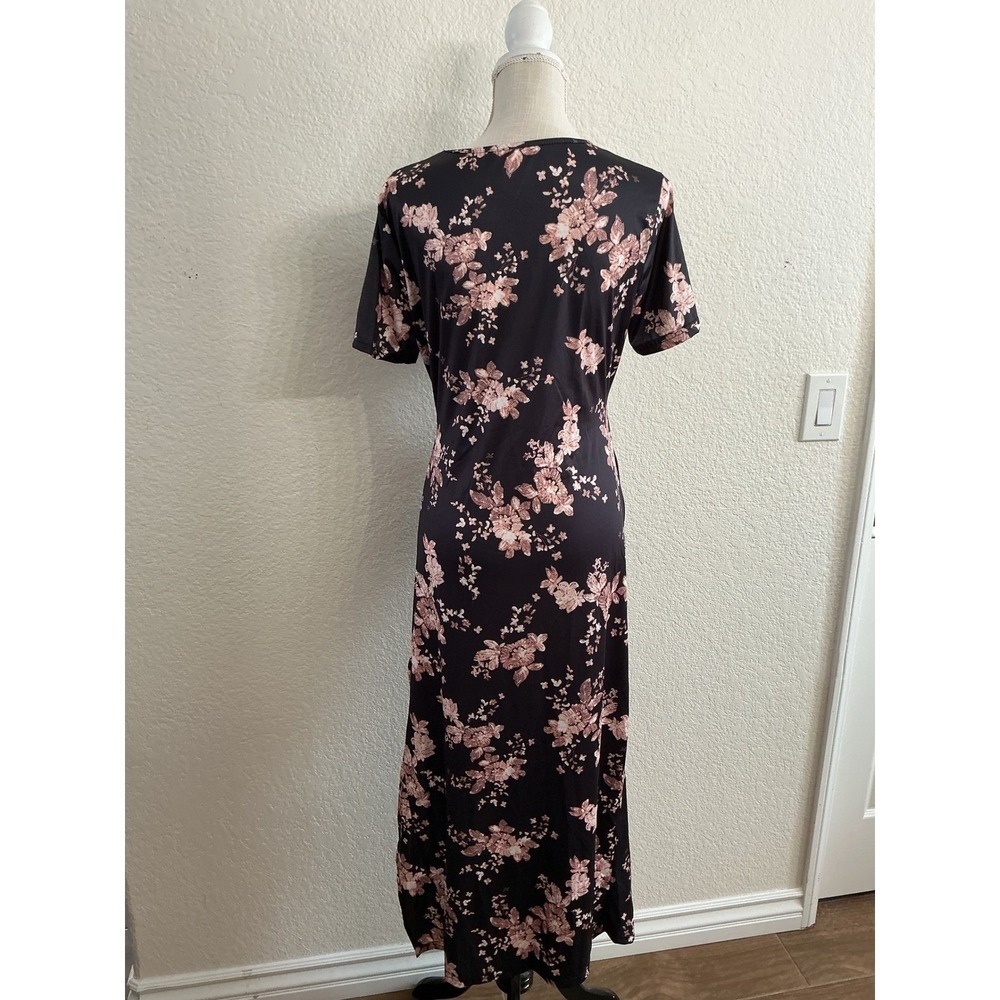 SHEIN SXY Midi Dress XL Black Pink Floral Cutout Ruched Side Slit Twist Front - Picture 3 of 10